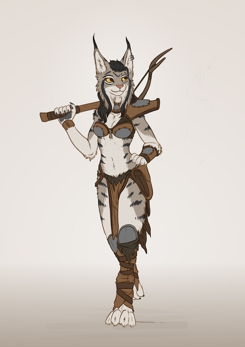 anthro bottomwear bow_(weapon) clothing female fur grey_body grey_fur holding_object holding_weapon loincloth looking_aside mostly_nude ranged_weapon seductive simple_background solo striped_body striped_fur stripes weapon yellow_eyes spectronic mira_(spectronic) felid feline lynx mammal absurd_res hi_res