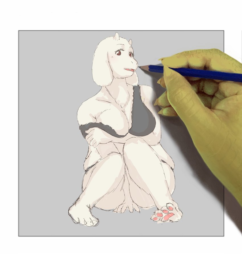 4_toes anthro bikini black_bikini black_clothing black_swimwear clothing drawing_in_a_drawing drawn_over feet female fur pawpads pencil_(object) scales solo swimwear toes two-piece_swimsuit white_body white_fur yellow_body yellow_scales conditional_dnp komm64 undertale_(series) alphys toriel boss_monster_(undertale) bovid caprine goat mammal 2023 hi_res