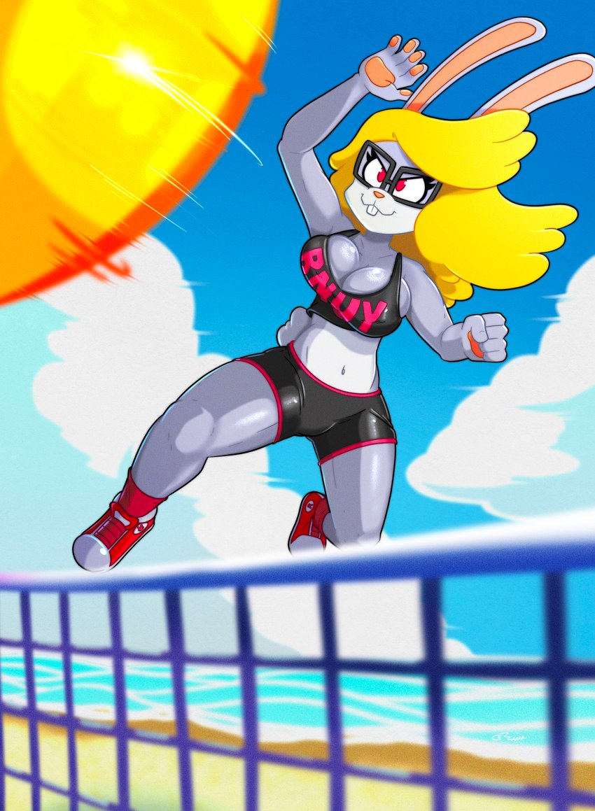 anthro ball beach big_breasts blonde_hair bottomwear breasts cleavage clothed clothing cloud eyewear female footwear fur glasses grey_body grey_fur hair jumping midair midriff multicolored_body multicolored_fur nipple_outline red_eyes sea shoes shorts skimpy sky sneakers socks solo sport text text_on_clothing text_on_topwear topwear volleyball volleyball_(ball) water roboticsteve ring_cats bunnie_savage_(roboticsteve) lagomorph leporid mammal rabbit 2024 absurd_res digital_drawing_(artwork) digital_media_(artwork) hi_res