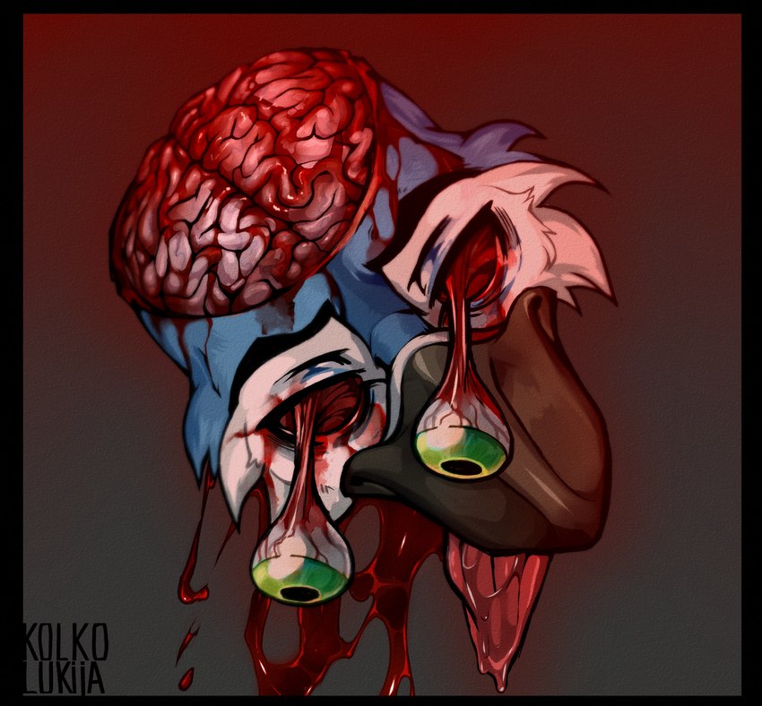 anthro beak blood blood_on_face blood_splatter bodily_fluids brain brain_matter death eye_socket gore gradient_background green_eyes head_markings male markings open_skull organs saliva simple_background solo tongue tongue_out kolkolukija avian bird absurd_res hi_res portrait