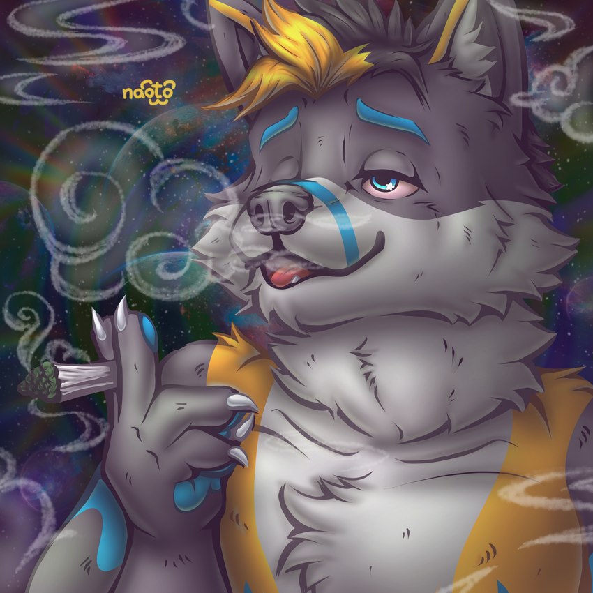 anthro drugs fumes male male_anthro marijuana marijuana_blunt marijuana_fumes planet psychedelic red_eyes solo space star naoto canid canine canis fox hybrid mammal wolf 1:1 absurd_res hi_res