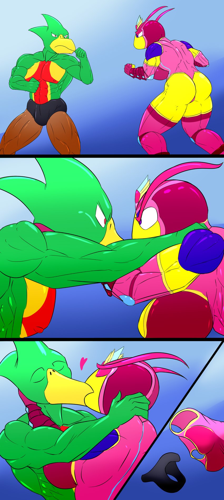 anthro clothing duo female heart_symbol kissing male male/female muscular muscular_female muscular_male undressing wrestling saesar nahum_(legion_beast) queen_sectonia arthropod insect satyr absurd_res comic hi_res story story_in_description