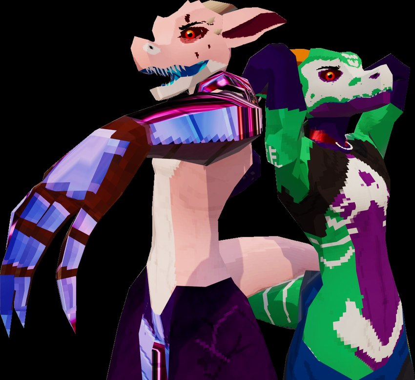 ambiguous_gender anthro claws clothed clothing duo horn jojo_pose looking_at_viewer low_poly open_mouth pose simple_background tail kobold_dellarte gavit kret humanoid kobold reptile scalie 3d_(artwork) alpha_channel digital_media_(artwork) hi_res