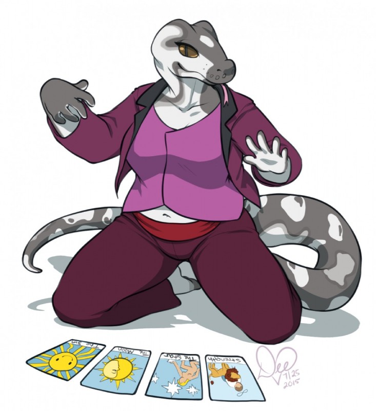 anthro biped card clothed clothing female forked_tongue fortune_telling grey_body grey_skin half-closed_eyes kneeling looking_at_viewer major_arcana narrowed_eyes navel pupils simple_background slit_pupils solo strength_(tarot) tarot tarot_card the_moon_(tarot) the_star_(tarot) the_sun_(tarot) tongue tongue_out white_background kittydee reptile scalie snake 2015 digital_media_(artwork) hi_res