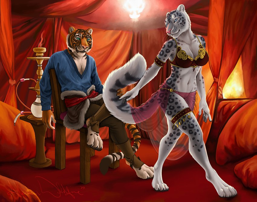 accessory anthro belly_dancer blue_eyes bra clothed clothing dancing detailed_background duo feet female fingers fur grey_body grey_fur male male/female markings navel orange_body orange_fur seductive silk sitting spots spotted_body striped_body stripes tail underwear rukis ulos12 red_lantern_universe isolde_(rukis) felid mammal pantherine snow_leopard tiger