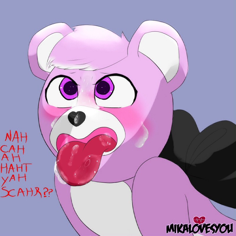 anthro back_bow black_bow blush bodily_fluids bow_(feature) bow_accessory cum cum_on_face fur genital_fluids heart_in_signature heart_nose heart_symbol nude open_mouth simple_background solo text tongue tongue_out mikalovesyou epic_games fortnite cuddle_team_leader bear mammal 1:1 2018 digital_media_(artwork) english_text signature