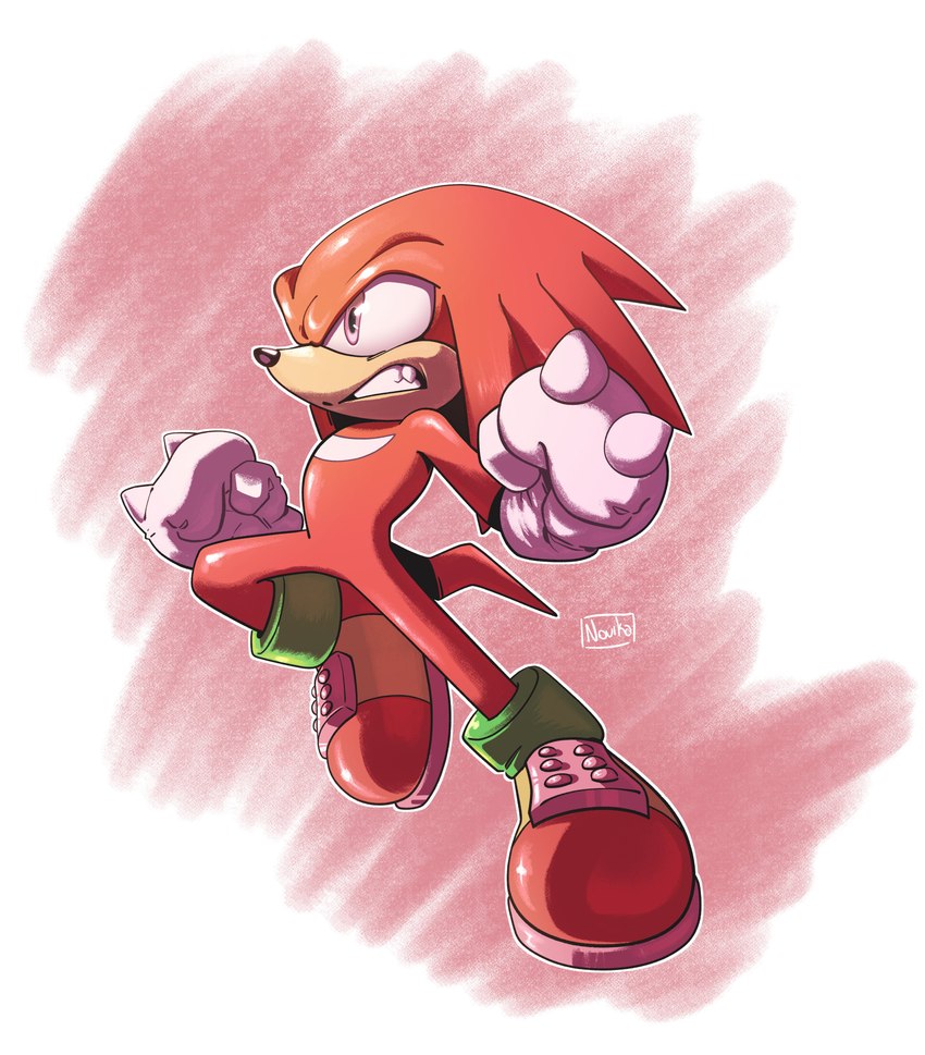 anthro clenched_hands clenched_teeth clothing footwear fur green_clothing green_footwear male multicolored_clothing multicolored_footwear outline pink_eyes red_body red_clothing red_footwear red_fur scribble simple_background solo tail teeth white_background white_outline yellow_clothing yellow_footwear thenovika sega sonic_the_hedgehog_(series) knuckles_the_echidna echidna mammal monotreme absurd_res artist_name full-length_portrait hi_res portrait