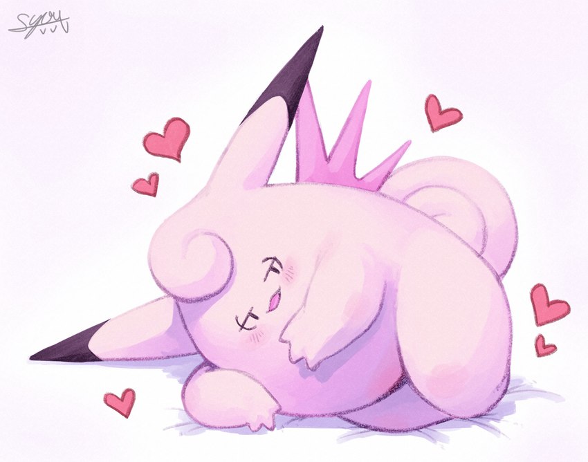 ambiguous_gender bedroom_eyes belly blush feral hair half-closed_eyes heart_symbol lying narrowed_eyes nude on_bedding on_side open_mouth seductive simple_background slightly_chubby smile solo tail thick_thighs wide_hips wings bluescape735 nintendo pokemon clefable generation_1_pokemon pokemon_(species) absurd_res hi_res signature