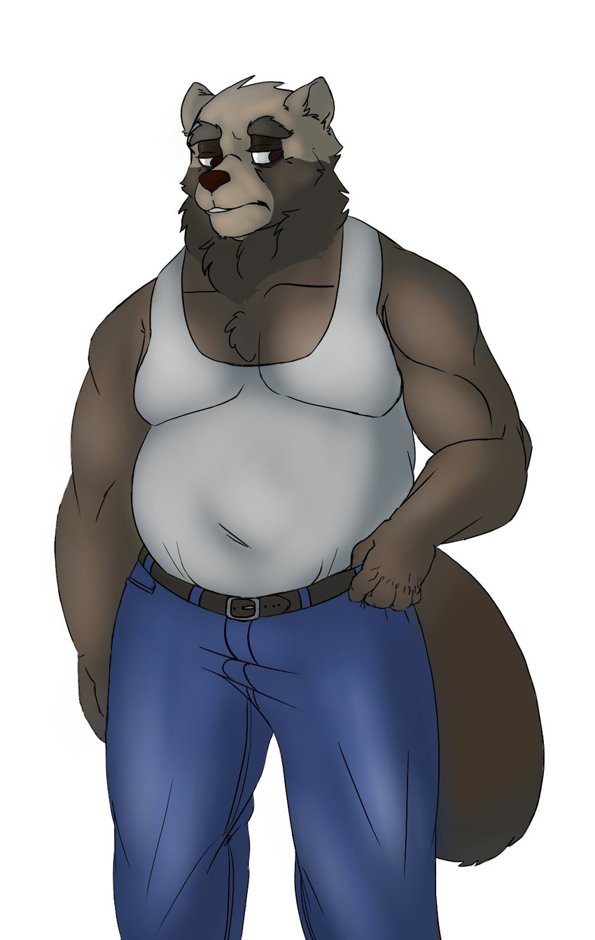 anthro black_nose bottomwear brown_body brown_fur clothing fur male musclegut muscular pants shirt simple_background solo topwear white_background bbbuster sihai's_legacy paul_(sihai's_legacy) canid canine mammal raccoon_dog tanuki 2020 hi_res