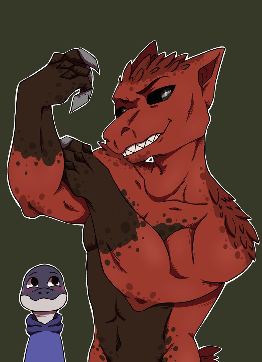 anthro athletic athletic_male biceps black_eyes claws clothing duo flexing flustered hoodie looking_at_another looking_at_viewer male metal_claws purple_body purple_skin red_body red_scales scales sharp_teeth shirtless shirtless_male smile smirk teeth topwear destiny_(video_game) bal_shaloc reptile scalie snake war_beast absurd_res hi_res