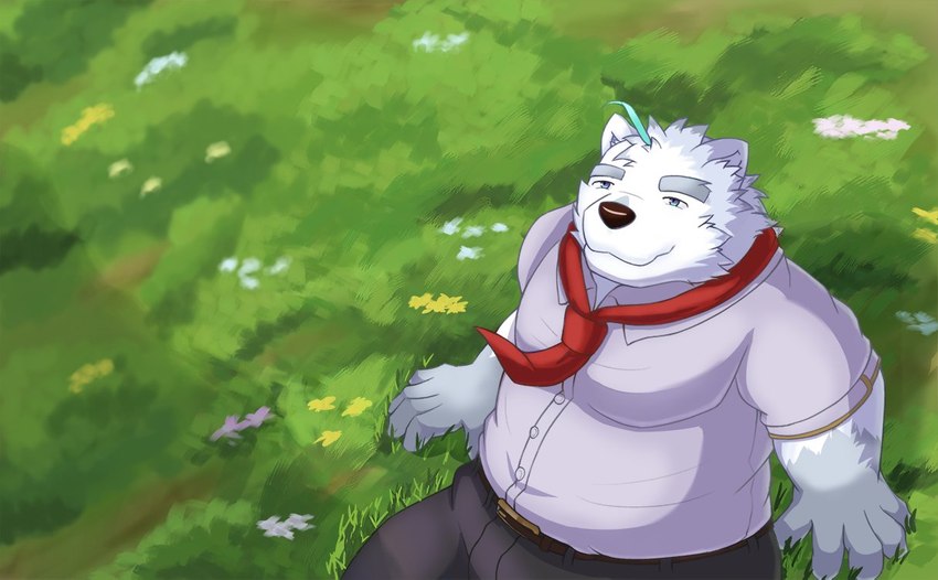 anthro black_nose bottomwear clothing fur humanoid_hands kemono male outside overweight overweight_anthro overweight_male pants shirt sitting solo topwear white_body white_fur boson62213 kuremura62213 knights_college paul_pfitzner bear mammal polar_bear ursine 2021