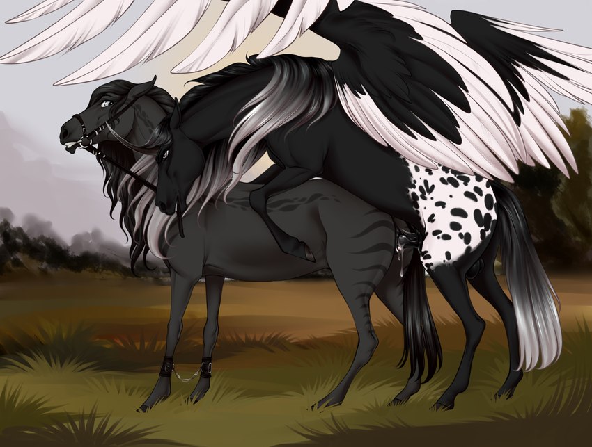 anatomically_correct anatomically_correct_genitalia anatomically_correct_pussy animal_genitalia animal_penis animal_pussy ankle_cuffs balls black_body black_feathers black_mane black_tail bodily_fluids bound bridle chain chained clitoris cuff_(restraint) duo equine_genitalia equine_penis equine_pussy eyelashes feathered_wings feathers female female_penetrated feral feral_on_feral genital_fluids genitals grass grey_eyes grey_mane grey_tail hooves horn leash leash_pull male male/female male_penetrating male_penetrating_female mane outside penetration penis plant pussy reins restraints sex standing tail teeth vaginal vaginal_fluids vaginal_penetration vein veiny_penis white_body white_feathers wings velvet_requiem mythology alterion_(alter) equid equine horse mammal mythological_creature mythological_equine pegasus 2023 hi_res