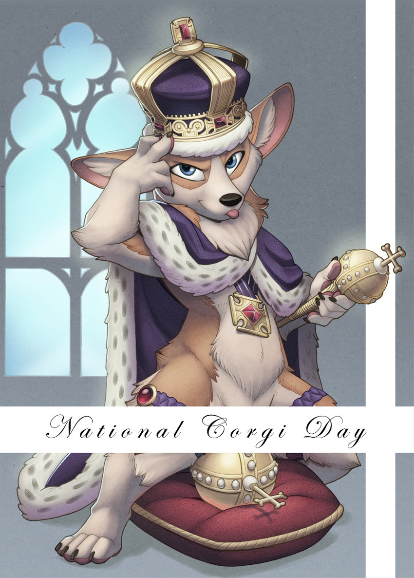 ambiguous_gender anthro blep blue_eyes bottomless censor_bar clothed clothing convenient_censorship crown front_view fur headgear looking_at_viewer royalty scepter solo tan_body tan_fur text tongue tongue_out conditional_dnp loupgarou canid canine canis domestic_dog herding_dog mammal pastoral_dog pembroke_welsh_corgi welsh_corgi 2018 censored english_text full-length_portrait hi_res portrait female_(lore)