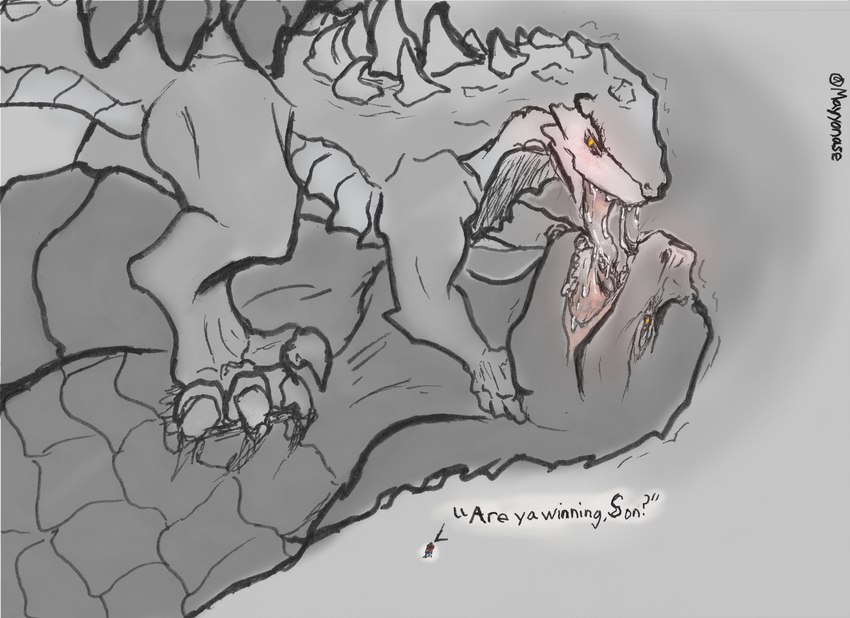 blush bodily_fluids claws dialogue drooling duo feral feral_on_feral french_kissing grey_body kissing male male/male open_mouth saliva saliva_on_tongue saliva_string scales semi-anthro simple_background size_difference tail teeth text tongue tongue_out mayyonase_(artist) are_ya_winning_son? godzilla_(series) godzilla_1998 toho godzilla godzilla_(2014) niko_tatopoulos zilla human kaiju mammal reptile scalie absurd_res english_text hi_res