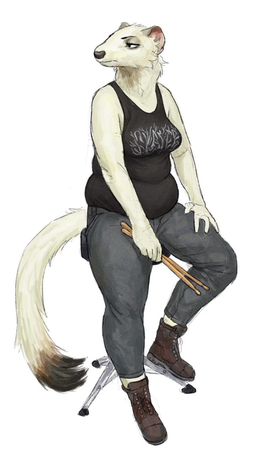 anthro belly belly_folds belly_overhang boots bottomwear clothing drumstick_(musical) female footwear fur furniture holding_object pants plantigrade shirt shoes simple_background sitting slightly_chubby solo stool tank_top tight_clothing topwear white_background white_body white_fur cettus maren_sommer mammal mustelid musteline stoat true_musteline weasel 2021 hi_res