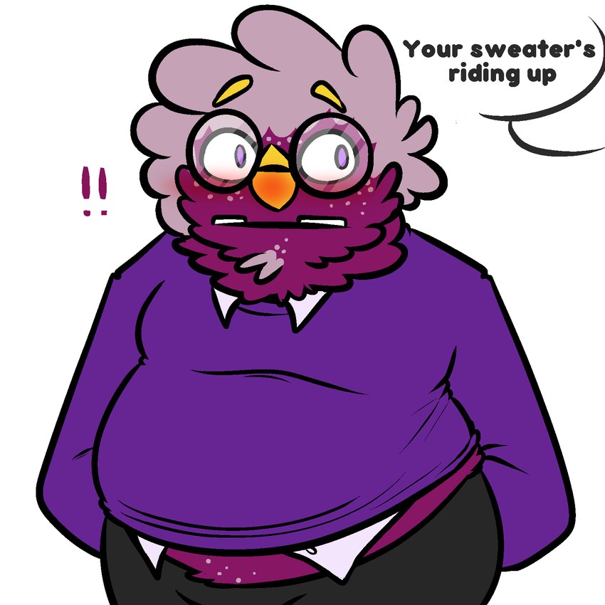 ambiguous_gender anthro clothed clothing magenta_fur offscreen_character pregnant pregnant_anthro simple_background small_clothing solo text pregsnax(artist) bugsnax young_horses floofty_fizzlebean grumpus 1:1 2024 colored english_text hi_res