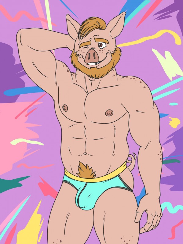 1990s_theme anthro beard biped blonde_hair brown_eyes bulge clothing colorful_background facial_hair freckles hair humanoid_hands jockstrap male memphis_design muscular muscular_anthro muscular_male navel nipples pig_nose pose pubes simple_background smile solo underwear rthur collin_peck domestic_pig mammal suid suine sus_(pig) absurd_res colorful_theme hi_res