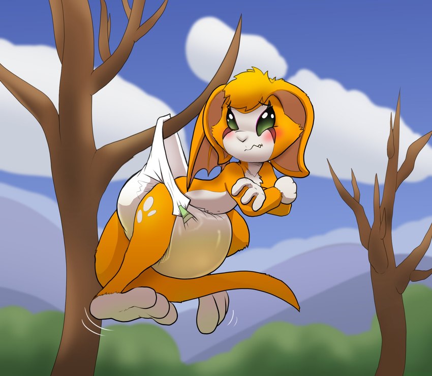 anthro blush bodily_fluids clothed clothing cloud crossed_arms diaper female genital_fluids hanging_from_branch hanging_wedgie in_tree outside plant sky solo stuck teeth tree urine wearing_diaper wedgie wetting parumpee dust:_an_elysian_tail fidget_(elysian_tail) bat mammal nimbat hi_res