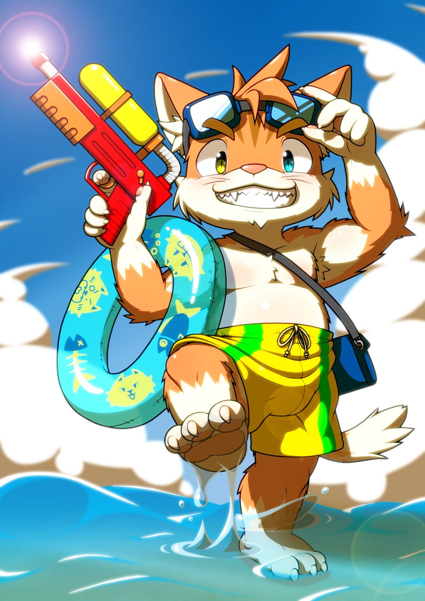 3_toes 5_fingers anthro biped blue_eyes claws feet fingers fur heterochromia holding_object holding_water_gun inflatable inner_ear_fluff inner_tube kemono male orange_body orange_fur pawpads solo tail toes toy toy_gun tuft water water_gun yellow_eyes young young_anthro young_male nakayan domestic_cat felid feline felis mammal hi_res