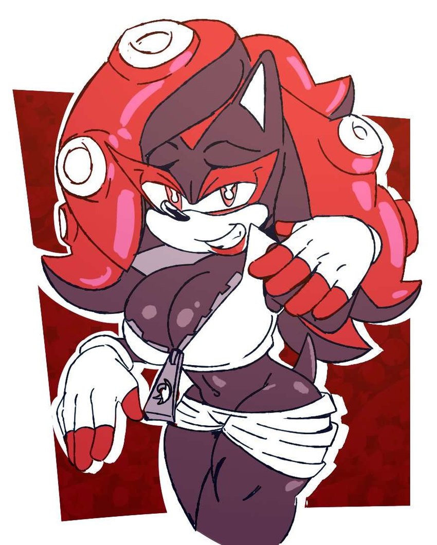 anthro big_breasts black_body bottomwear breasts cleavage clothed clothing crossgender female fusion hotpants lipstick makeup midriff mtf_crossgender navel orange_eyes pseudo_hair pupils red_tentacles shorts slit_pupils solo tentacle_hair tentacles unzipped_jacket missphase nintendo sega sonic_the_hedgehog_(series) splatoon marina_(splatoon) shadow_the_hedgehog cephalopod eulipotyphlan hedgehog mammal marine mollusk octarian octoling