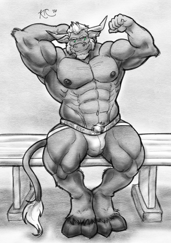 abs anthro arm_tuft bench biceps biped bulge clothed clothing ear_piercing elbow_tuft eyebrow_piercing facial_hair facial_piercing green_eyes hair hand_behind_head horn looking_at_viewer male muscular muscular_anthro muscular_male navel nose_piercing on_bench piercing pubes sitting skimpy smile solo tail tail_tuft tuft underwear white_hair kensukethecat mehawk blizzard_entertainment warcraft bovid bovine mammal tauren 2016 greyscale hi_res monochrome