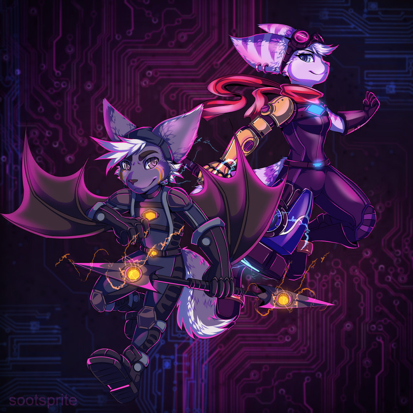 anthro black_body black_fur cheek_tuft cybernetic_arm cybernetic_limb duo ear_piercing eyewear eyewear_on_head facial_tuft female fingers fur goggles goggles_on_head hair holding_object holding_weapon male markings piercing pink_nose purple_body purple_fur purple_hair scarf tuft weapon white_hair sootsprite ratchet_and_clank sony_corporation sony_interactive_entertainment fan_character rivet_(ratchet_and_clank) lombax mammal 1:1