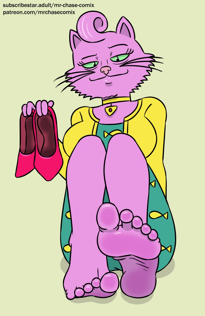 5_toes anthro barefoot clothed clothing feet female foot_focus footwear fur green_sclera humanoid_feet jewelry necklace pink_body pink_fur plantigrade shoes shoes_removed soles solo text toes whiskers mrchasecomix bojack_horseman netflix princess_carolyn domestic_cat felid feline felis mammal hi_res url