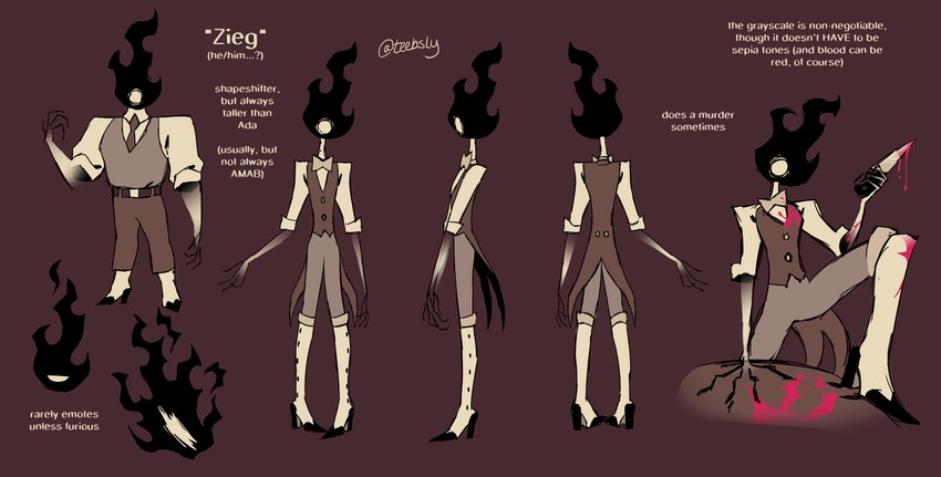 blood blood_on_clothing blood_on_knife bodily_fluids clothed clothing fire knife male solo text toony translucent_arms teebsly zieg_(tinybeasts) elemental_creature fire_creature humanoid english_text hi_res model_sheet