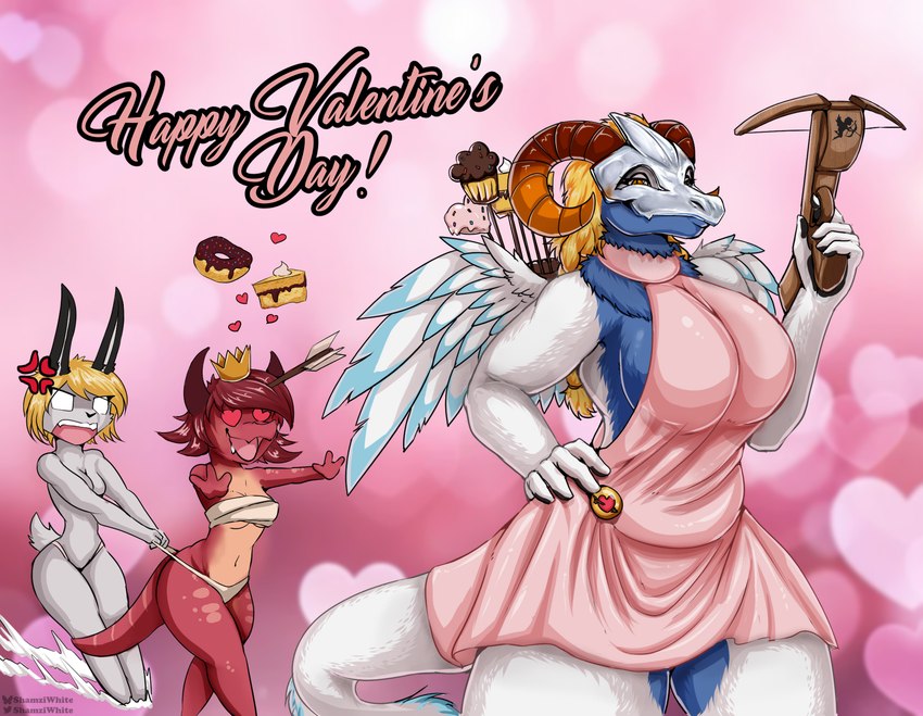 angry anthro arrow_(weapon) big_breasts breasts cleavage clothed clothing featureless_breasts female holidays horn medium_breasts navel non-mammal_breasts non-mammal_navel nude ranged_weapon side_boob standing thick_thighs weapon wide_hips wings shamziwhite mythology valentine's_day cupid kobold lagomorph leporid mammal mythological_creature rabbit scalie hi_res