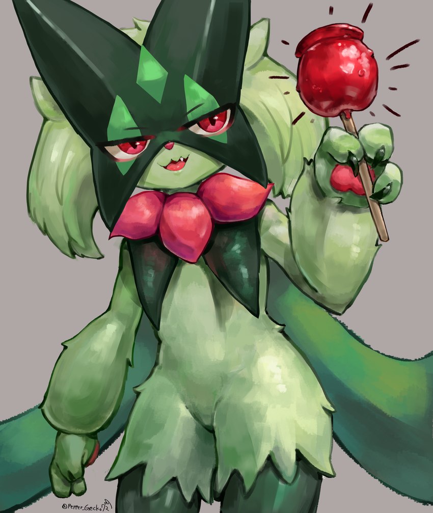 2_fingers anthro apple arm_tuft bar_emanata big_eyes biped candy candy_apple cape clothing cute_fangs dessert digitigrade emanata fangs featureless_crotch female fingers flower_(anatomy) food fruit fur green_body green_fur green_hair hair hip_tuft holding_food holding_object leaf_clothing looking_at_viewer mask multicolored_body multicolored_fur open_mouth pawpads plant red_eyes simple_background solo standing teeth tongue tuft twitter_handle two_tone_body two_tone_fur wrist_tuft peppergecko72 nintendo pokemon generation_9_pokemon meowscarada pokemon_(species) absurd_res artist_name hi_res signature