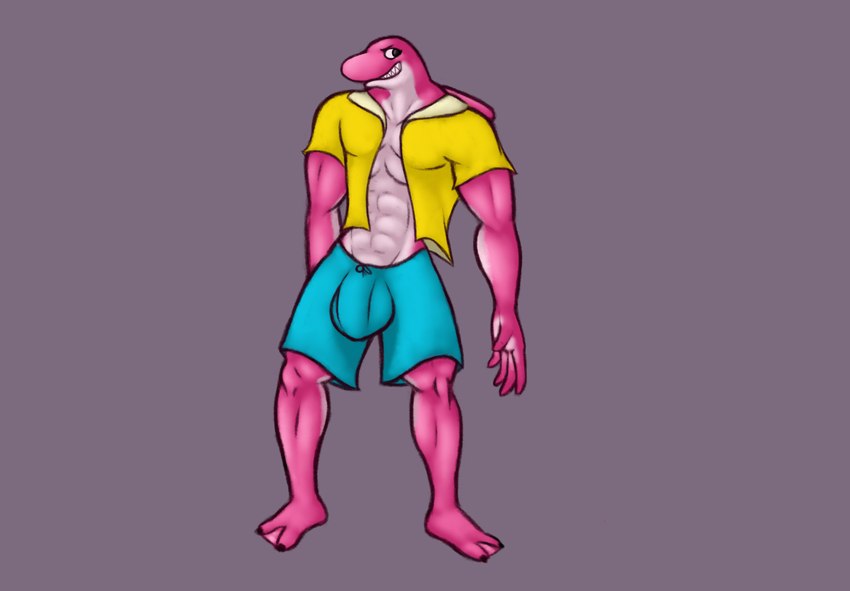 5_fingers anthro bottomwear bulge clothing fingers genitals male muscular penis pink_body shorts solo topwear jovi_cap amazon_river_dolphin cetacean dolphin mammal marine river_dolphin toothed_whale hi_res