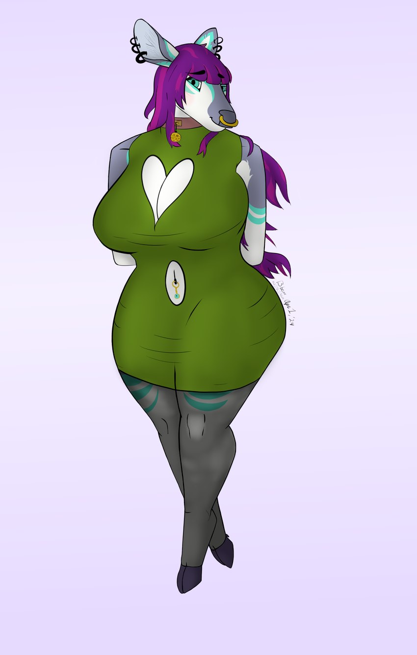 anthro big_breasts biped blush bottomwear breasts cleavage cleavage_cutout clothed clothing collar curvy_figure cutout dress ear_piercing ear_ring eyelashes facial_piercing female fur green_clothing green_dress hair helix_piercing hooves huge_breasts leggings legwear long_hair looking_at_viewer multicolored_body multicolored_fur multicolored_hair naval_gem navel navel_piercing navel_ring nose_piercing nose_ring piercing purple_hair ring_piercing septum_piercing septum_ring simple_background smile solo standing stretched_clothing thick_thighs tight_clothing topwear voluptuous wide_hips bbear victoria deer mammal absurd_res dated digital_media_(artwork) hi_res shaded signature