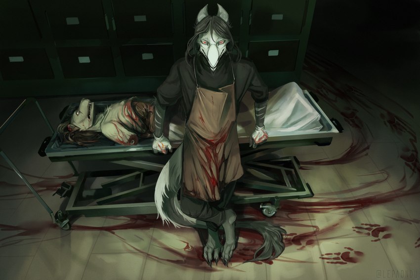 anthro apron autopsy autopsy_table blood blood_on_apron blood_on_clothing blood_on_face blood_on_fur blood_on_hand bloody_footprint bodily_fluids clothed clothing corpse exposed_organs footprint fur furniture gore high-angle_view looking_at_viewer morgue open_mouth scary solo table tail tail_tuft tuft creepy_gun viktor_(creepy_gun) sergal unknown_species hi_res