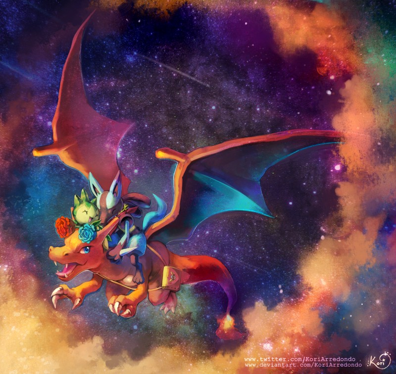 ambiguous_gender blue_eyes claws cloud eyes_closed fire flying group membrane_(anatomy) membranous_wings night open_mouth open_smile sky smile spread_wings star starry_sky tail text wings koriarredondo nintendo pokemon pokemon_mystery_dungeon spike_chunsoft charizard generation_1_pokemon generation_3_pokemon generation_4_pokemon lucario pokemon_(species) roselia hi_res signature url