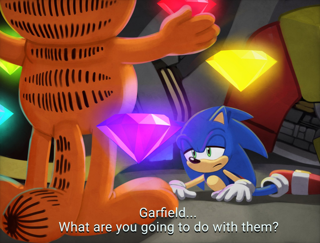 3_toes 4_fingers 5_fingers animal_ears anthro aqua_gem backlighting barefoot black_nose blue_body blue_fur blue_hair chaos_emerald clothing cyan_gem dialogue duo emerald_(gem) english_commentary feet fingers floating floating_object footwear frown fur fur_markings gem gloves glowing glowing_gem glowing_object green_eyes green_gem hair half-closed_eyes hands_on_ground handwear leaning leaning_backward levitating levitating_object levitation light looking_at_another lying male markings narrowed_eyes on_front on_top orange_body orange_fur parody purple_gem raised_arms rear_view red_clothing red_footwear red_gem red_gemstone red_shoes shadow shoes socks spread_arms standing striped_body striped_fur striped_markings striped_tail stripes surrounded surrounded_by_chaos_emeralds surrounded_by_gems tail tail_markings tail_on_ground tan_arms tan_snout text toes yellow_gem clarissa_arts garfield_(series) nickelodeon sega shadow_the_hedgehog_(video_game) sonic_the_hedgehog_(series) sony_corporation sony_interactive_entertainment sony_pictures garfield_the_cat shadow_the_hedgehog sonic_the_hedgehog domestic_cat eulipotyphlan european_hedgehog felid feline felis hedgehog mammal tabby_cat 2025 character_name crossover digital_media_(artwork) english_description english_text hi_res lighting