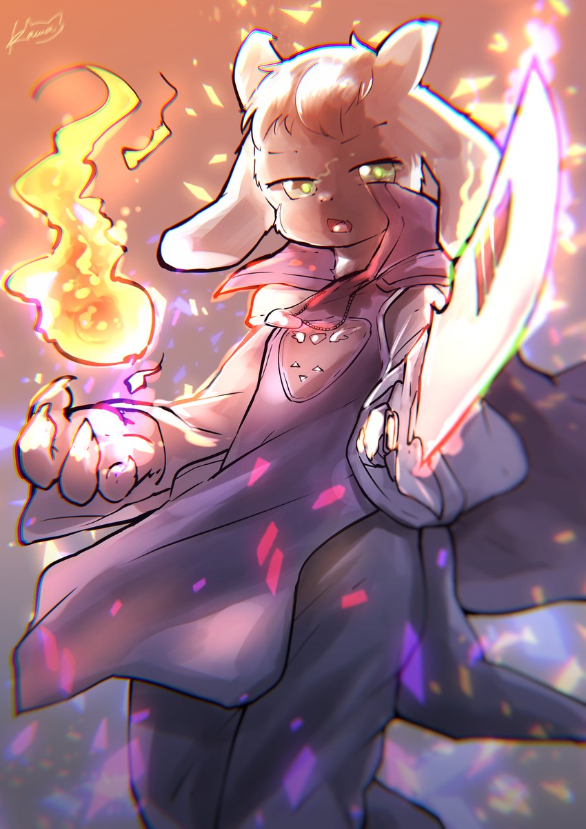 anthro clothed clothing elemental_manipulation fire fire_manipulation fur green_eyes horn magic_user male melee_weapon open_mouth robe solo sword weapon white_body white_fur kawa_(artist) undertale undertale_(series) asriel_dreemurr boss_monster_(undertale) bovid caprine mammal monster absurd_res hi_res