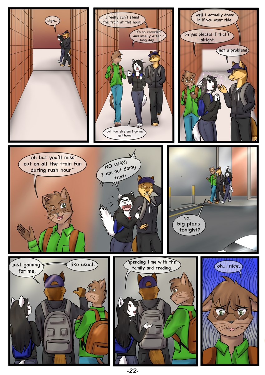 anthro chatting complaining female group male parking_garage teasing text bluetoxic devin_fox jesse_cat melissa_cat canid canine domestic_cat felid feline felis fox mammal absurd_res english_text hi_res