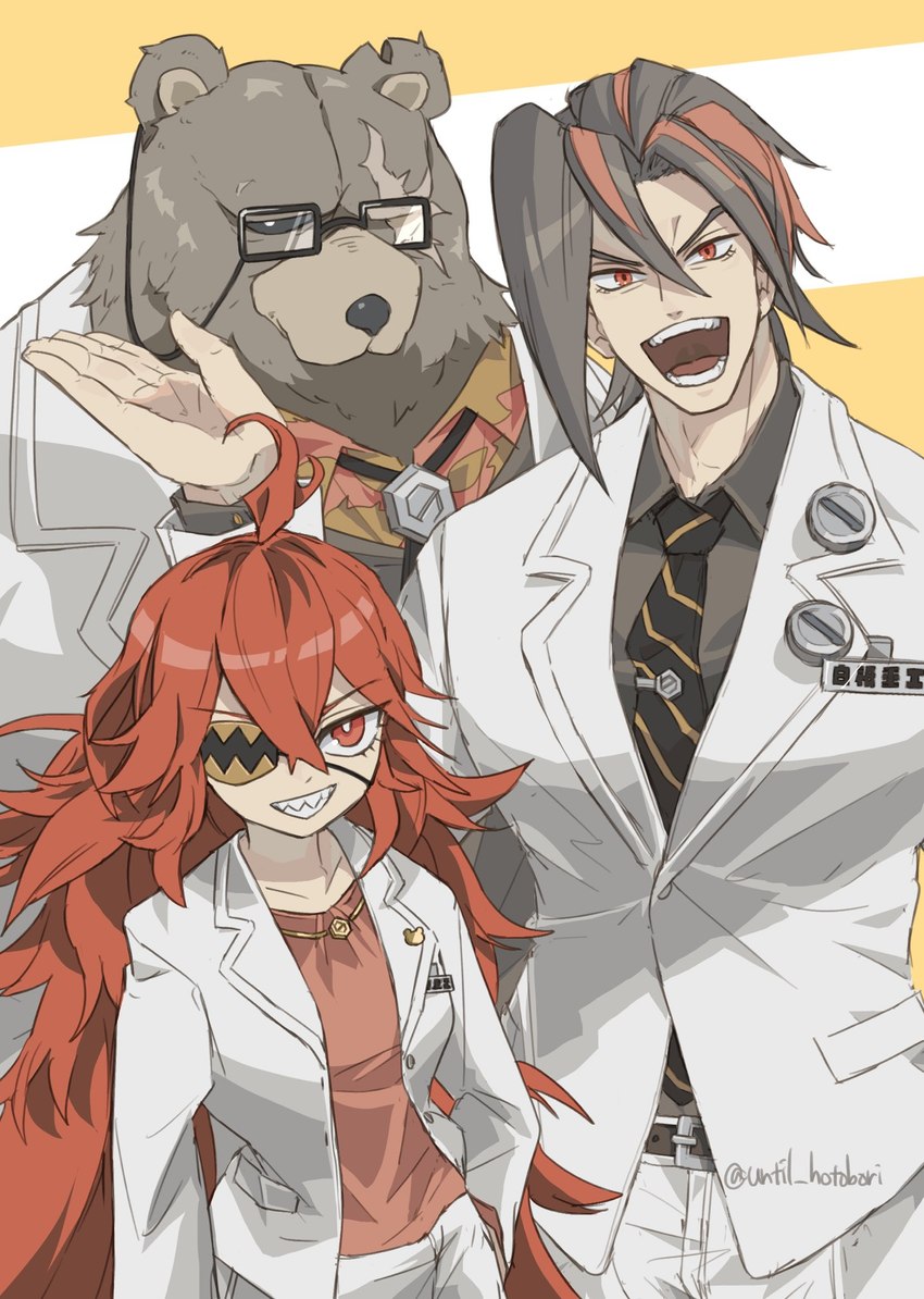 anthro black_hair black_sclera brown_body brown_fur clothing eye_patch eye_scar eyewear facial_scar female fur glasses group hair kemono laugh male necktie notched_ear red_eyes red_hair scar shark_teeth smile suit trio white_clothing white_suit until_hotobori mihoyo zenless_zone_zero anton_ivanov ben_bigger koleda_belobog bear human mammal 2024 hi_res