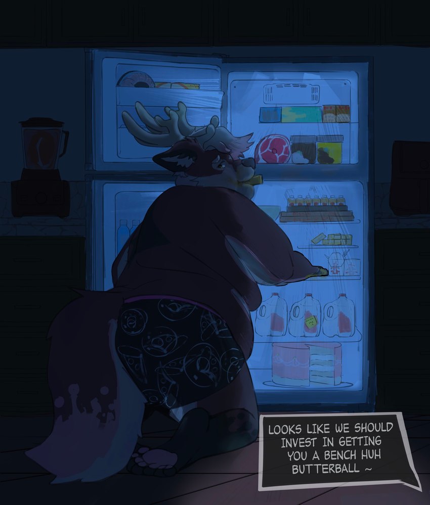 anthro appliance belly belly_overhang big_belly big_butt blender_(machine) butt cake clothing container counter dessert detailed_background fat_arms floor food fridge ham huge_butt juice_(beverage) kitchen kitchen_appliance male meat milk mostly_nude obese orange_juice overweight pizza_box pork solo text tile tile_floor underwear weight_gain holidaysoftfox holiday_(holidaysoftfox) deer mammal english_text hi_res