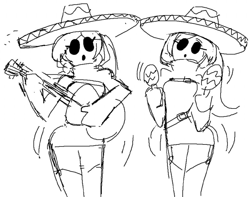 :o breasts clothing dancing duo eyelashes female guitar hair hat headgear headwear holding_musical_instrument holding_object maraca mask musical_instrument not_furry open_mouth percussion_instrument playing_guitar playing_music plucked_string_instrument simple_background sombrero standing string_instrument white_background wide_hips minus8 mario_bros nintendo paper_mario humanoid shyguy black_and_white monochrome