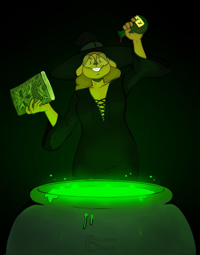 anthro book breasts cleavage clothed clothing crazy_smile eyewear female glasses hat headgear headwear holding_object holding_potion magic potion simple_background witch_costume witch_hat witchcraft emulsified_bungus anne_(emulsified_bungus) canid canine canis domestic_dog mammal hi_res