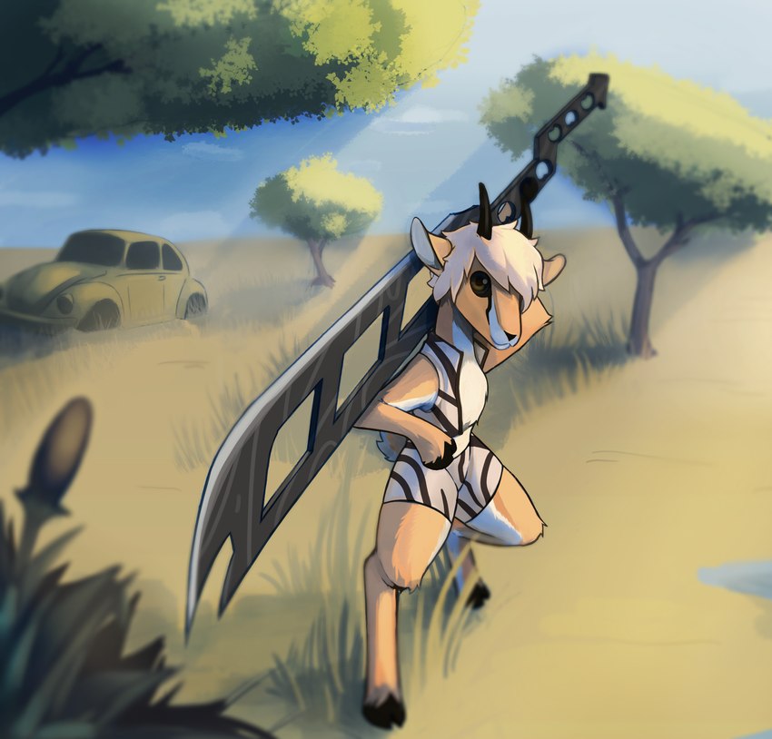 anthro black_horn black_nose blonde_hair blue_sky bottomwear brown_eyes cattail_(plant) chest_tuft clothed clothing cloud cloven_hooves day detailed_background female female_anthro field hair holding_melee_weapon holding_object holding_sword holding_weapon hoof_hands hooves horizon horn huge_sword light looking_at_viewer melee_weapon open_clothing open_topwear open_vest outside oversized_weapon pattern_bottomwear pattern_clothing pattern_shorts pattern_topwear pattern_vest plant pose short_hair shorts sky smile snout solo standing striped_bottomwear striped_clothing striped_shorts striped_topwear striped_vest stripes sword sword_on_shoulder three-quarter_view topwear tree tuft vest warrior weapon exagono16 volkswagen_beetle antelope bovid gazelle mammal 2022 full-length_portrait hi_res lighting portrait