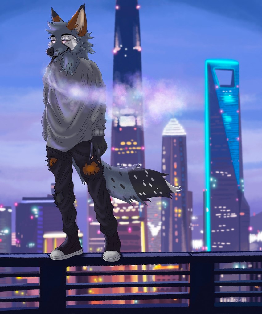 anthro balcony city clothing detailed_background looking_at_viewer male night pose relaxing shanghai smoking solo torn_clothing slyhighcoyote kosten american_kestrel canid canine mammal maned_wolf absurd_res hi_res