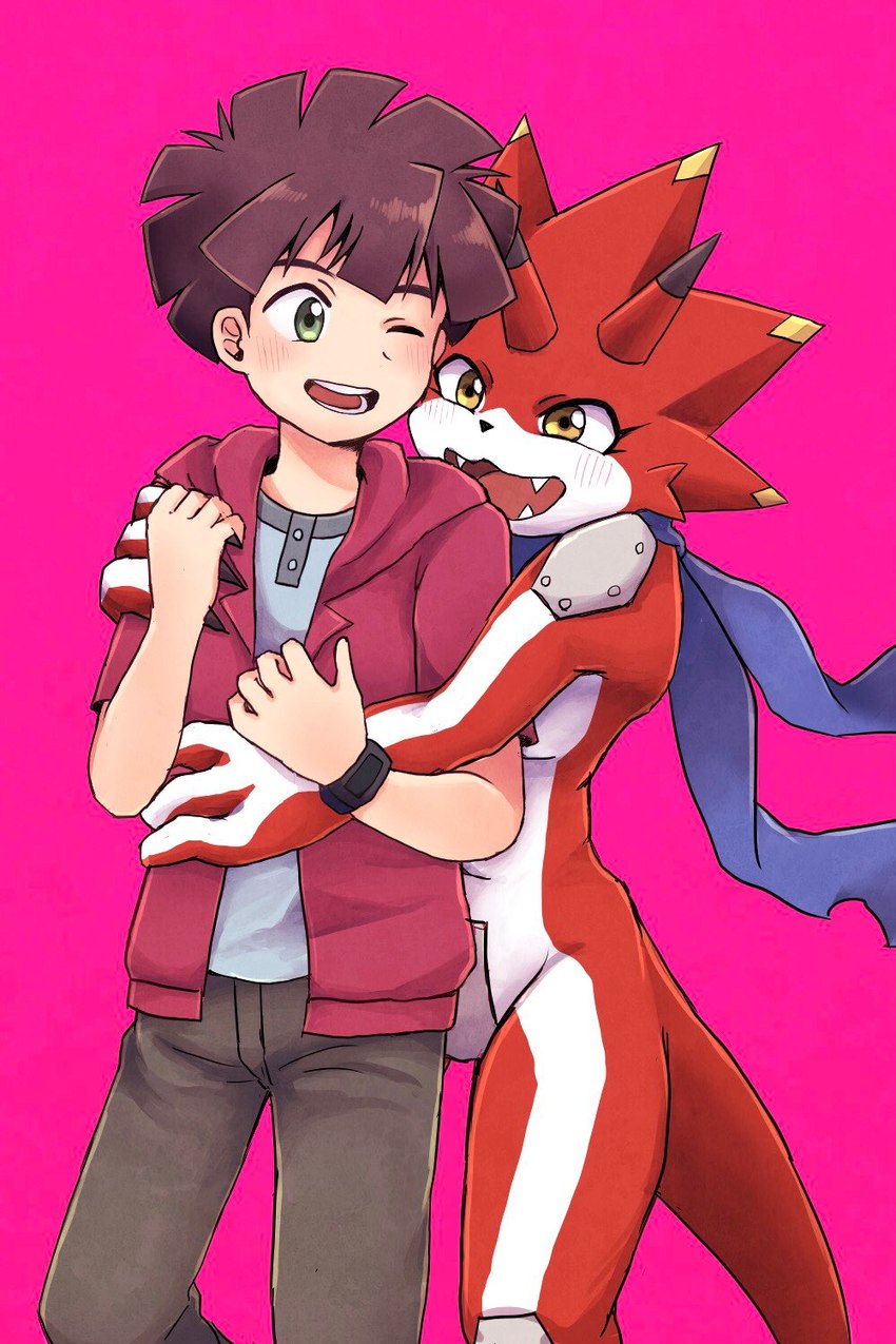 anthro blush brown_hair claws duo hair horn hug male male/male red_body scarf yellow_eyes mstdndkkkkk bandai_namco digimon digimon_ghost_game hiro_amanokawa betelgammamon digimon_(species) human mammal 2:3 hi_res