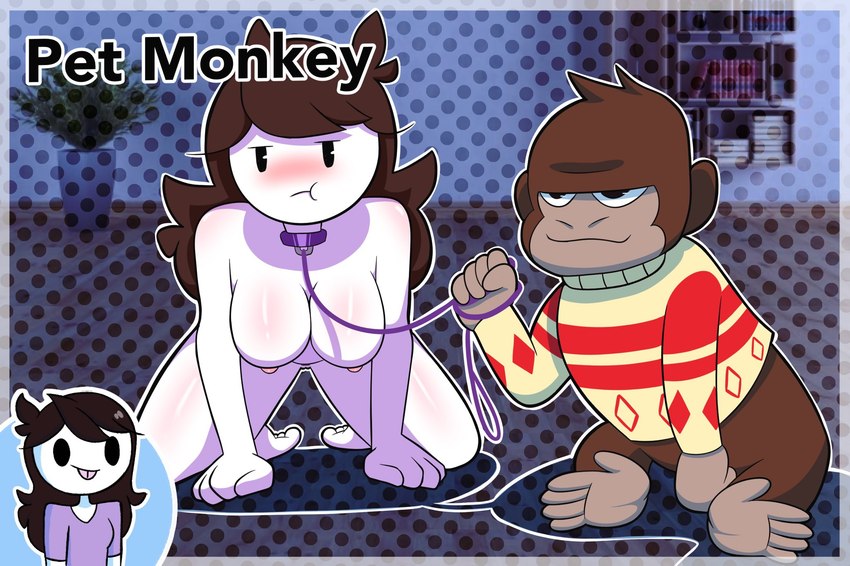 bdsm black_eyes blush breasts brown_hair clothing collar duo female hair human_focus leash petplay roleplay sweater topwear white_body white_skin youtuber bubjones petz petz:_monkeyz_house ubisoft youtube champ_(jaidenanimations) jaiden_animations ape blank_humanoid haplorhine human humanoid mammal primate hi_res