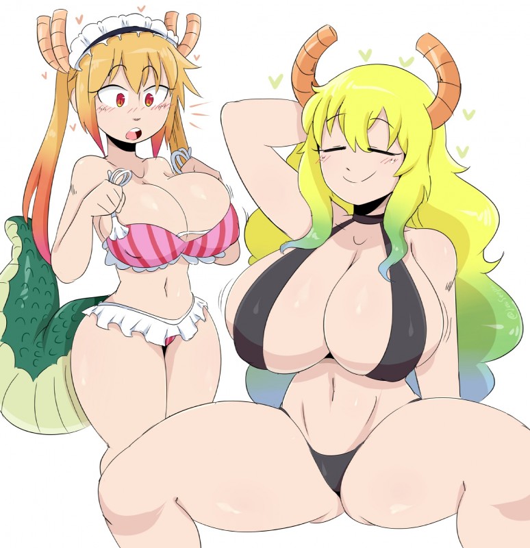 big_breasts bikini breast_size_difference breasts cleavage clothed clothing duo eyebrows eyelashes female gradient_hair green_body green_scales hair heart_symbol horn huge_breasts navel open_mouth scales simple_background spread_legs spreading swimwear tail thick_tail thick_thighs two-piece_swimsuit white_background wide_hips jinu miss_kobayashi's_dragon_maid mythology quetzalcoatl_(dragon_maid) tohru_(dragon_maid) animal_humanoid dragon dragon_humanoid horned_humanoid humanoid mammal mythological_creature mythological_scalie scalie closed_(disambiguation) hi_res