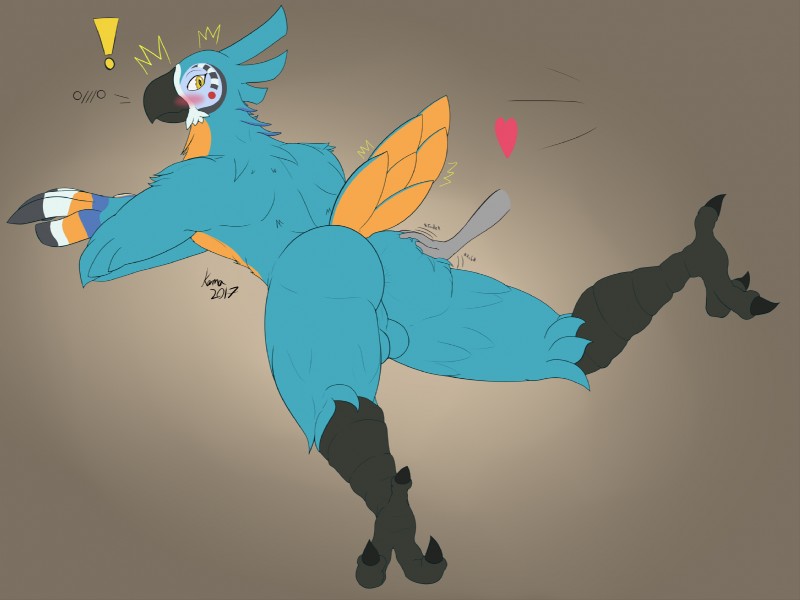 3_toes anthro athletic avian_feet back_toe backsack balls beak big_butt biped black_beak black_claws blue_balls blue_body blue_feathers blue_perineum blush butt claws disembodied_hand duo emanata exclamation_point feather_hands feather_tuft feathered_crest feathered_wings feathers feet genitals grey_body grey_feathers hand_on_butt head_crest heart_symbol looking_back lying male motion_lines multicolored_body multicolored_feathers non-mammal_balls nude nude_anthro nude_male on_front onomatopoeia perineum rear_view scutes simple_background solo_focus sound_effects surprise tail tail_feathers talons text toe_claws toes tuft white_body white_feathers wings yellow_body yellow_eyes yellow_feathers kawma breath_of_the_wild nintendo the_legend_of_zelda kass_(tloz) avian bird rito 2017 dated digital_media_(artwork) flat_colors hi_res signature