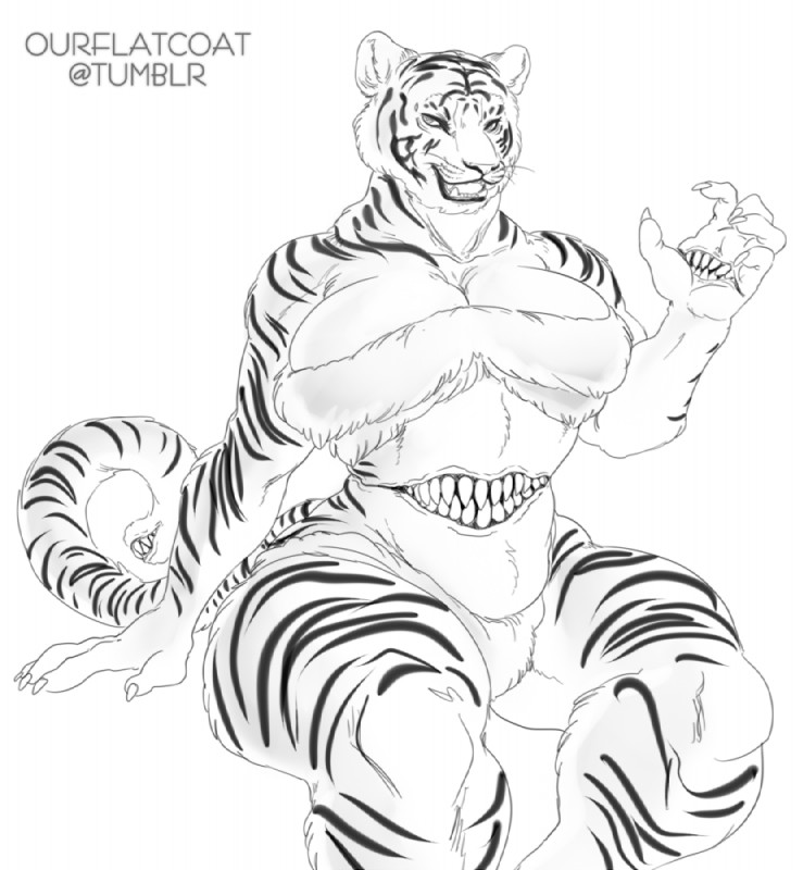 anthro belly_mouth big_breasts breasts claws cleavage clothed clothing female fur hand_mouth huge_breasts multi_mouth muscular muscular_anthro muscular_female nightmare_fuel open_mouth sharp_teeth solo striped_body striped_fur stripes tail tail_mouth teeth thick_thighs unusual_anatomy unusual_tail conditional_dnp ourflatcoat carna_(character) felid mammal pantherine tiger black_and_white monochrome