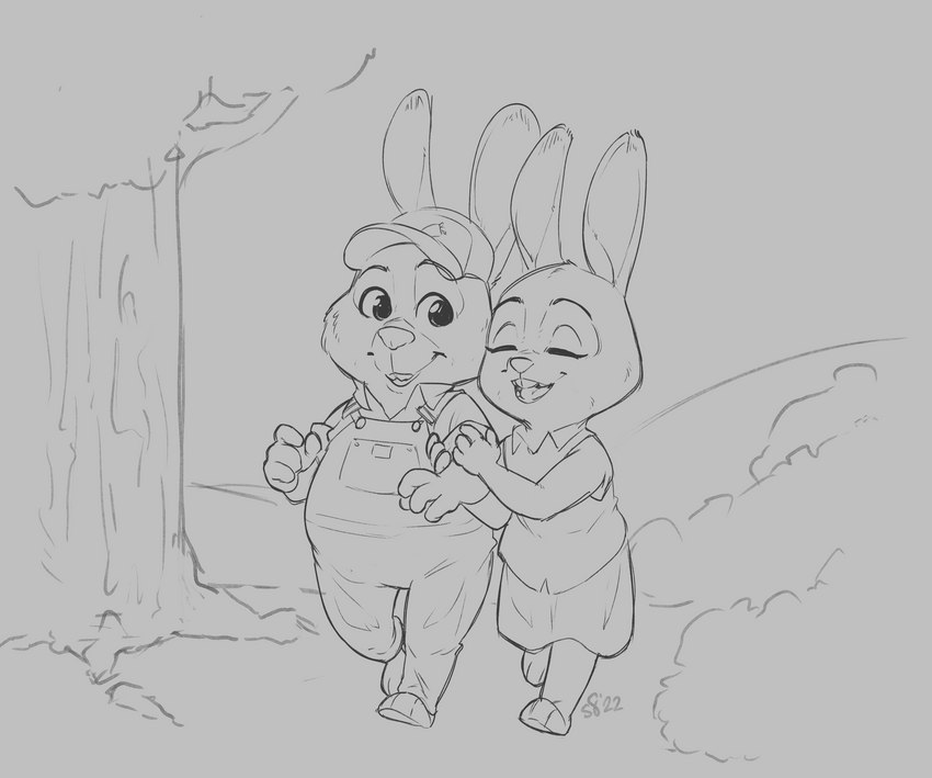 anthro clothing duo ears_up eyes_closed female hand_on_arm hat headgear headwear male married_couple overalls plant smile tree walking alec8ter conditional_dnp disney zootopia bonnie_hopps stu_hopps lagomorph leporid mammal rabbit 2022 absurd_res hi_res monochrome