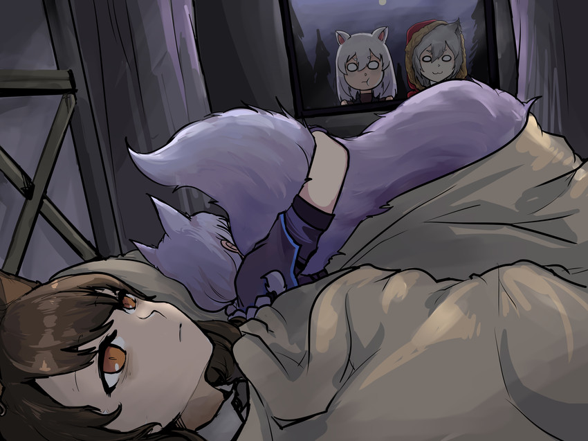 ambiguous_gender bed bedding being_watched blanket blush brown_eyes brown_hair curtains_open female furniture grey_hair group hair inside looking_at_another moon night on_bed smile tail tail_hug white_hair window vyragami ah_yes._me._my_girlfriend. arknights hypergryph studio_montagne projekt_red_(arknights) provence_(arknights) scavenger_(arknights) skyfire_(arknights) animal_humanoid canid canid_humanoid felid felid_humanoid humanoid mammal mammal_humanoid 2020 hi_res meme female_(lore)